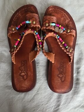 Brown Leather Beaded Women's Sandals with Colorful Accents